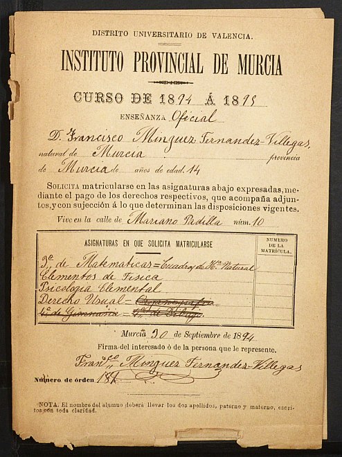 Expediente académico de Francisco Mínguez Fernández Villegas