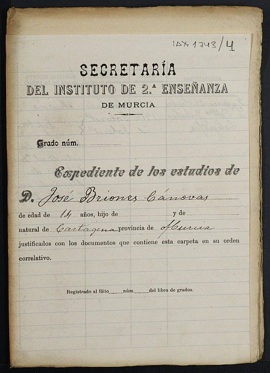 Expediente académico de José Briones Cánovas.