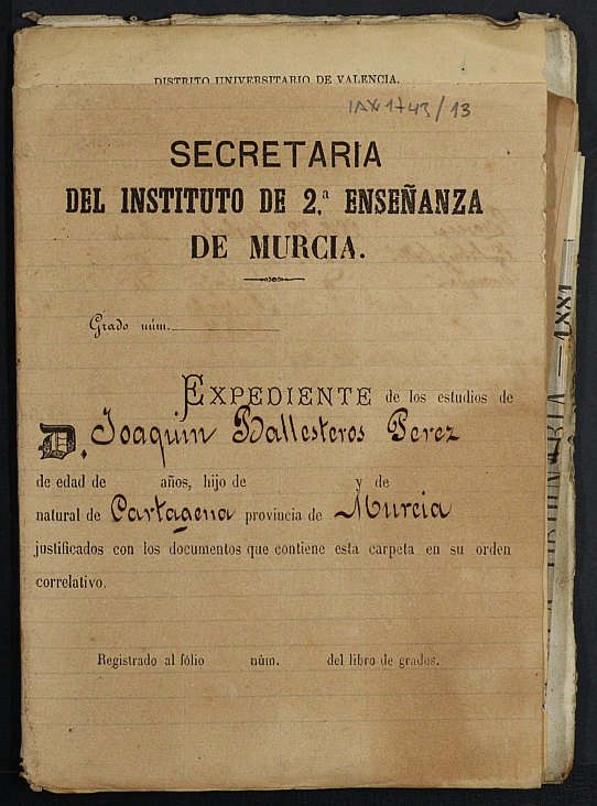 Expediente académico de Joaquín Ballesteros Pérez.
