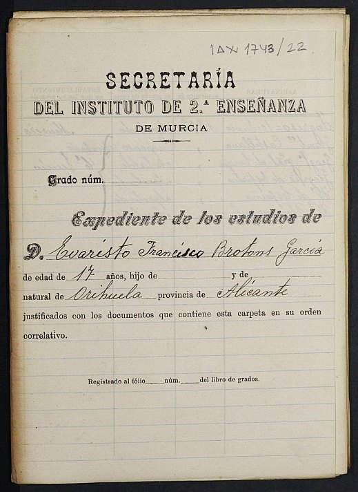 Expediente académico de Evaristo Francisco Brotons García.