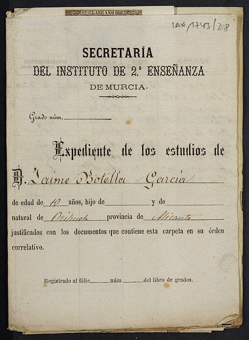Expediente académico de Jaime Botella García.