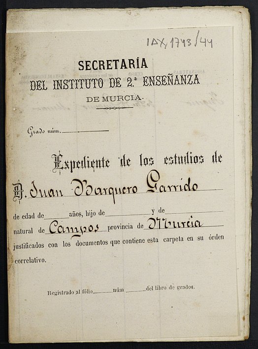 Expediente académico de Juan Barquero Garrido.