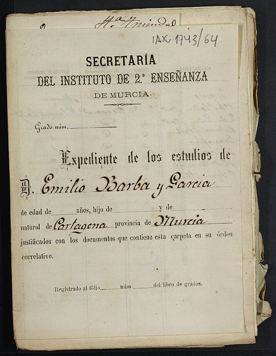 Expediente académico de Emilio Barba García.
