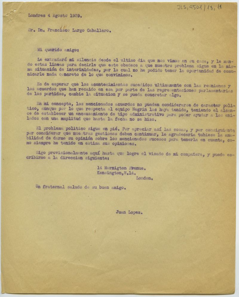 Carta de Juan López Sánchez en la que pide a Francisco Largo Caballero su opinión sobre los acuerdos alcanzados por las representaciones parlamentarias en las distintas reuniones celebradas con posterioridad al día 21 de junio.