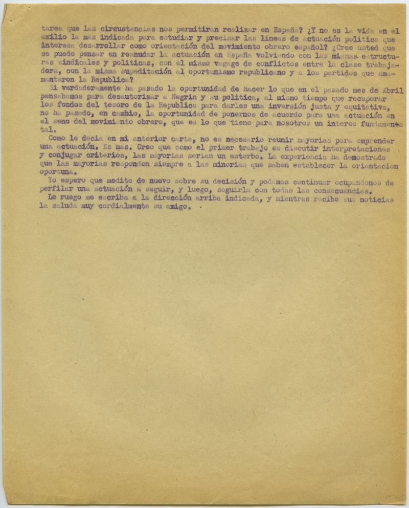 Carta de Juan López Sánchez en la que pide a Francisco Largo Caballero que no renuncie a continuar de manera activa en el desarrollo del Gobierno de la República en el exilio.