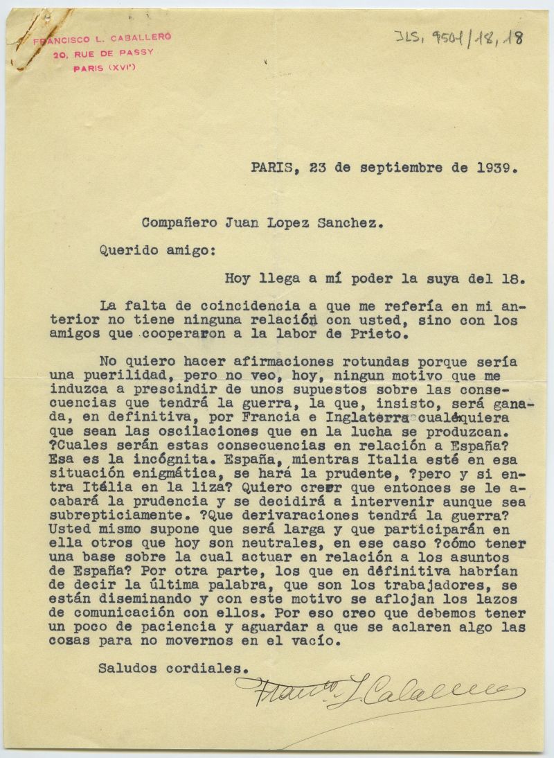 Carta de Francisco Largo Caballero en la que reflexiona sobre cómo se desarrollará la II Guerra Mundial y la intervención de España en la misma.