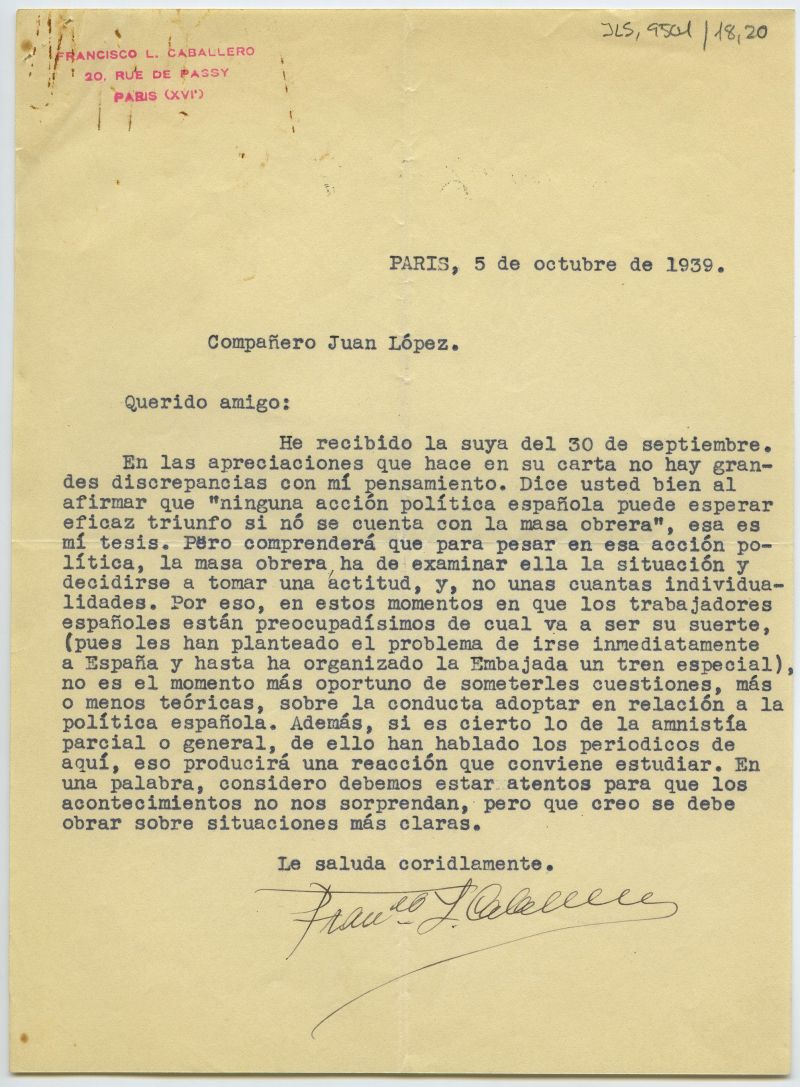 Carta de Francisco Largo Caballero en la que invita a Juan López Sánchez a esperar para decidir la actuación política a seguir por la izquierda española.