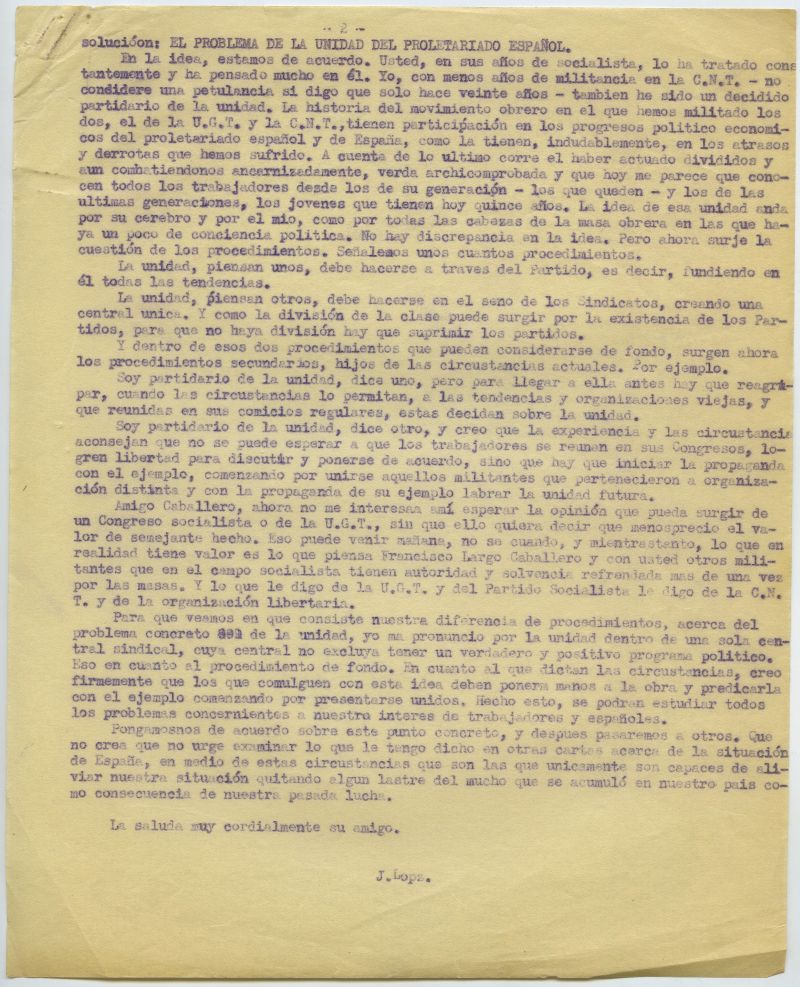 Carta de Juan López Sánchez en la que hace un análisis pormenorizado de la clase trabajadora y el proletariado español.