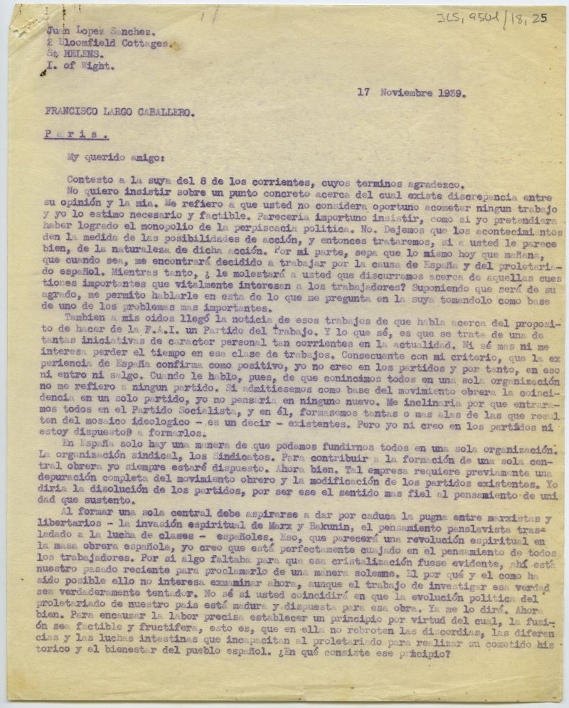 Carta de Juan López Sánchez en la que expone los motivos por los que considera necesaria la unidad de la izquierda española.