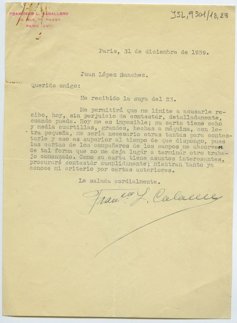 Carta de Francisco Largo Caballero en la que comunica que ha recibido una carta con fecha 23 de diciembre de 1939 y que la contestará en cuanto le sea posible.