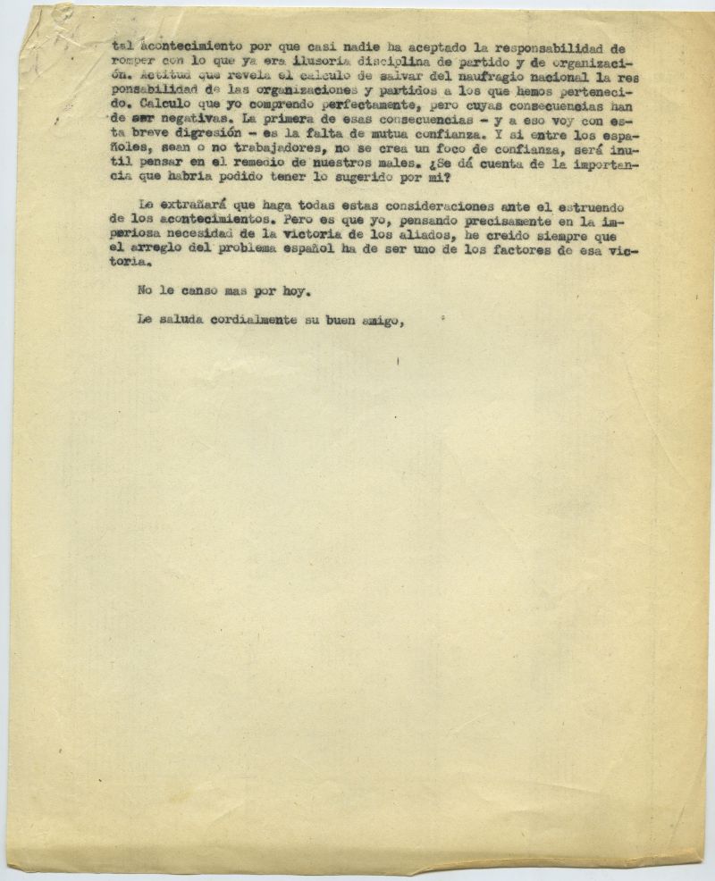 Carta de Juan López Sánchez en la que acepta las disculpas y explica y analiza los problemas de los españoles en el exilio, además de la falta de unidad de la izquierda española.