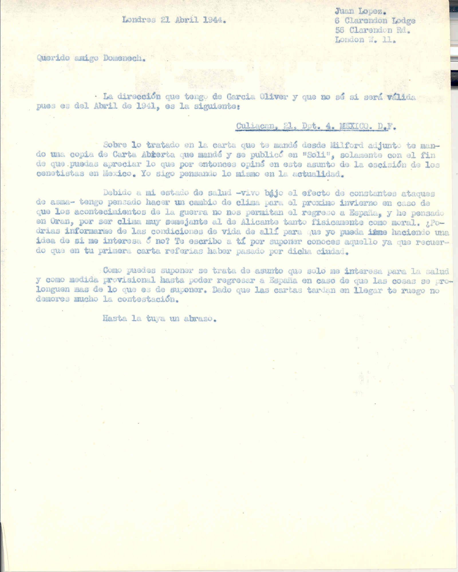 Carta a Doménech en la que le remite la dirección de Juan García Oliver en México y le adjunta copia de la 