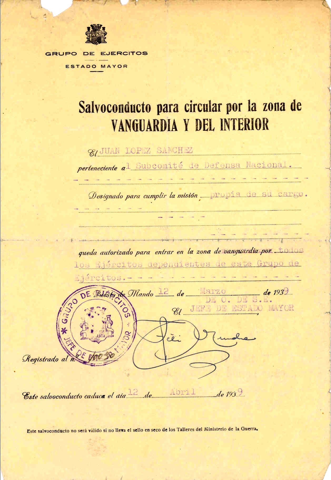 Salvoconducto en el que se autoriza a Juan López Sánchez a transitar por todos los frentes dependientes del Grupo de Ejércitos (de la zona centro).