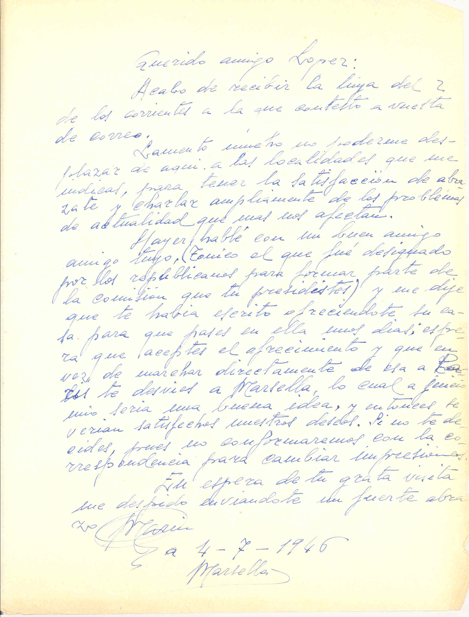 Carta de González Marín en la que invita a López, de viaje por Francia, a visitarle en Marsella para hablar de diversos asuntos.