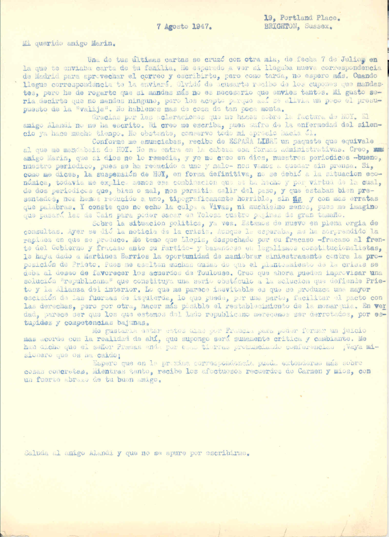 Carta a González Marín en la que expone su opinión sobre la suspensión de la publicación 