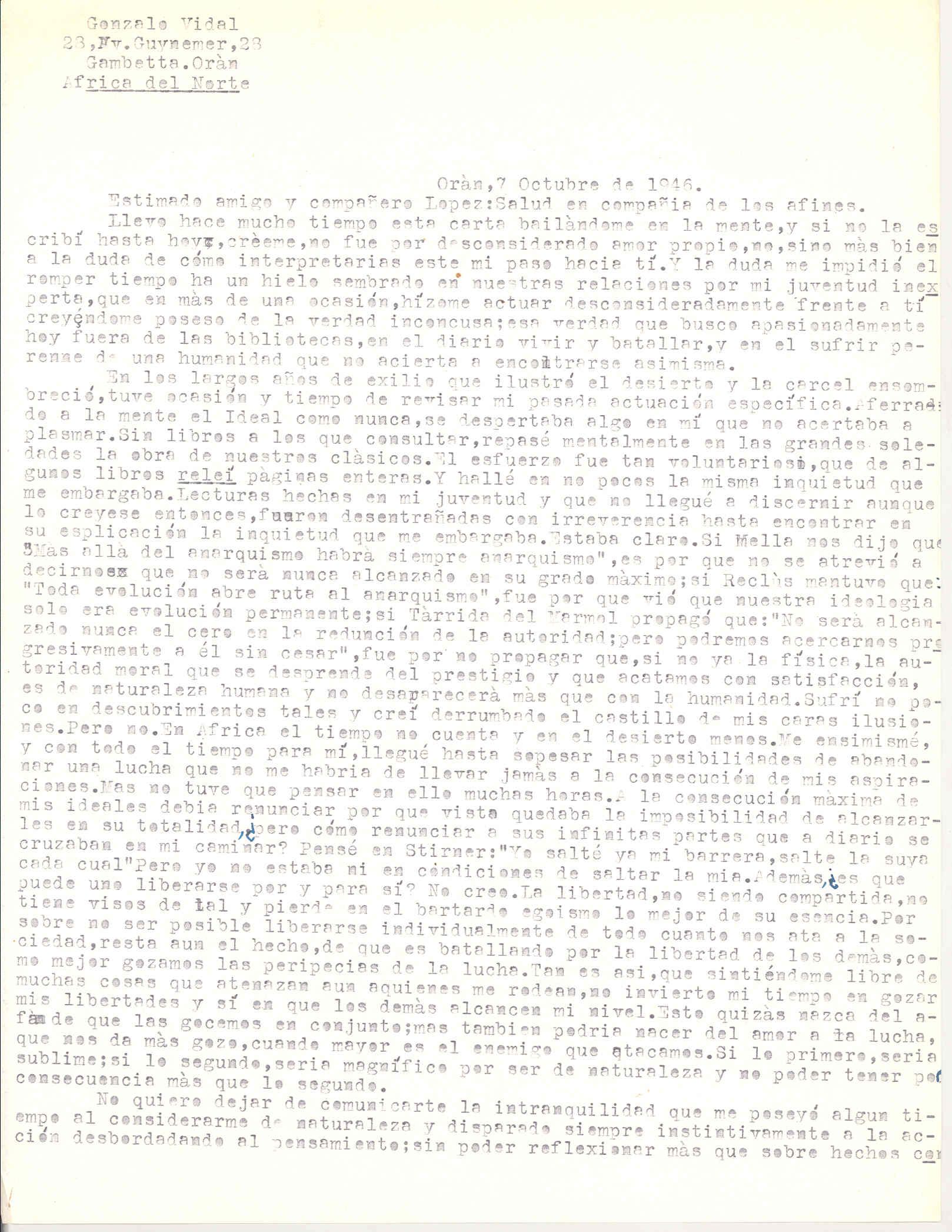 Carta de Gonzalo Vidal en la que expone algunas de sus meditaciones sobre la lucha por el anarquismo, durante su estancia en prisión.