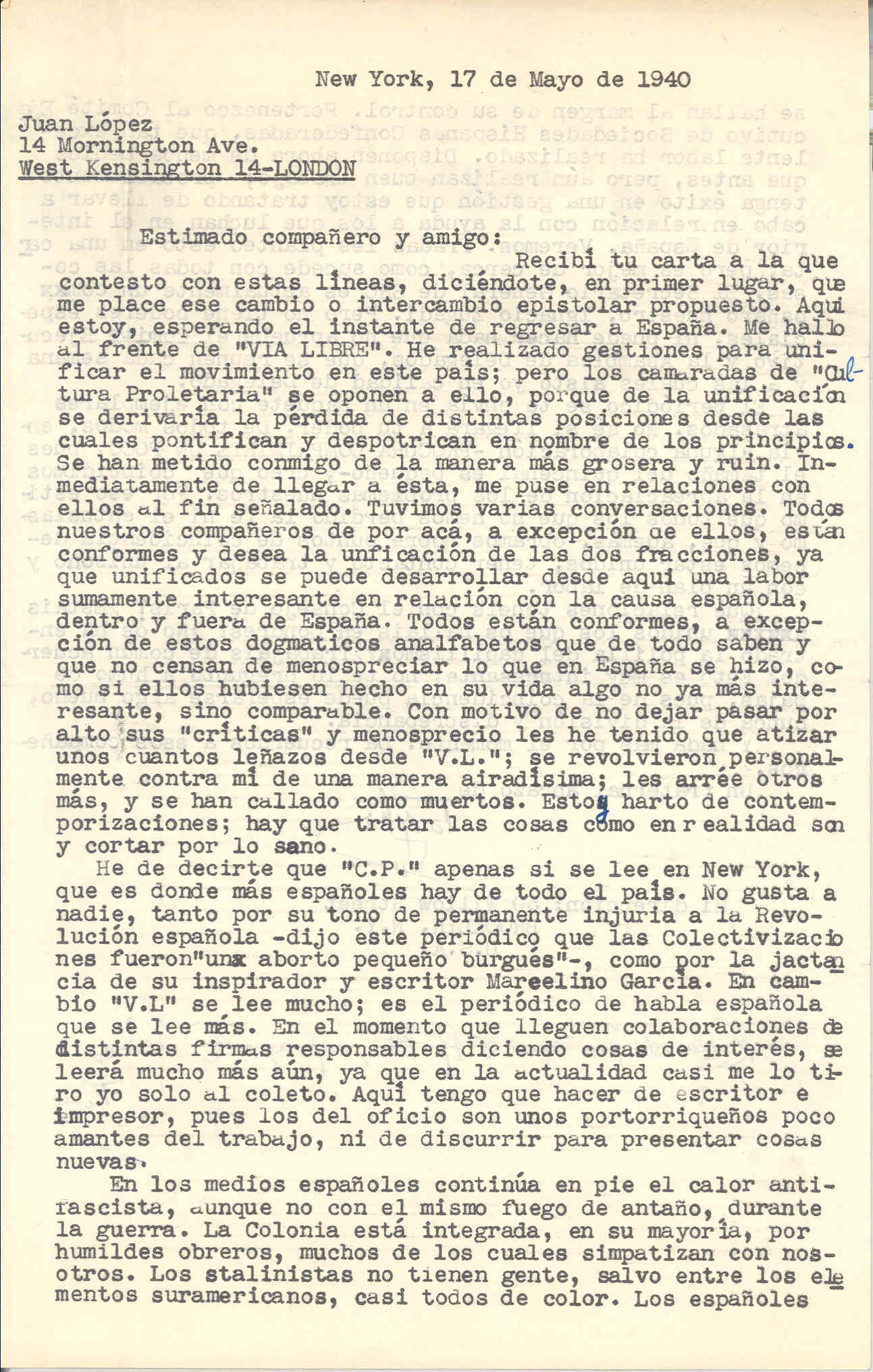 Carta de Jacinto Toryho en la que explica su fracasado intento de unificar el movimiento por España  en América, e invita a Juan López a colaborar en el periódico 