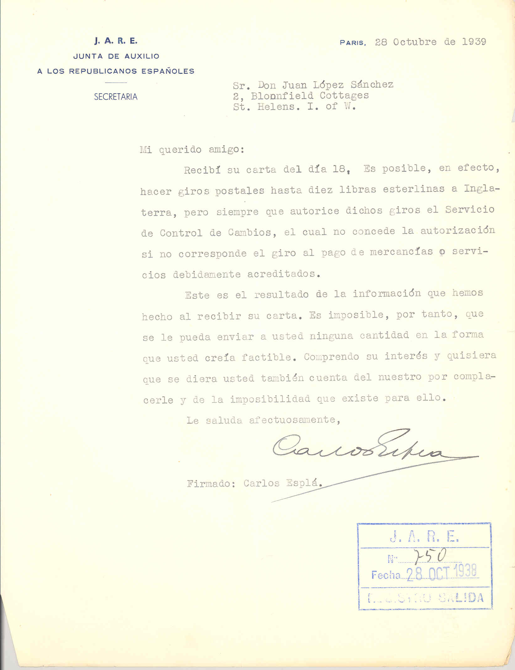 Carta a Juan López Sánchez comunicándole la imposibilidad de mandarle por correo la ayuda económica concedida.