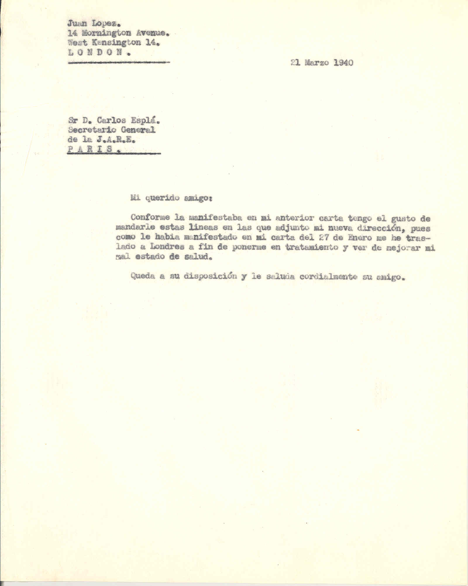 Carta a Carlos Esplá, secretario de la Junta de Auxilio a los Republicanos Españoles,  notificándole su nueva dirección