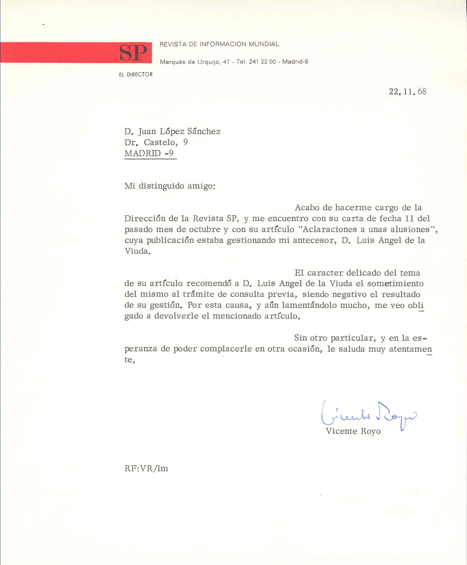 Carta de Vicente Royo, director de la Revista SP, comunicándole que su artículo 