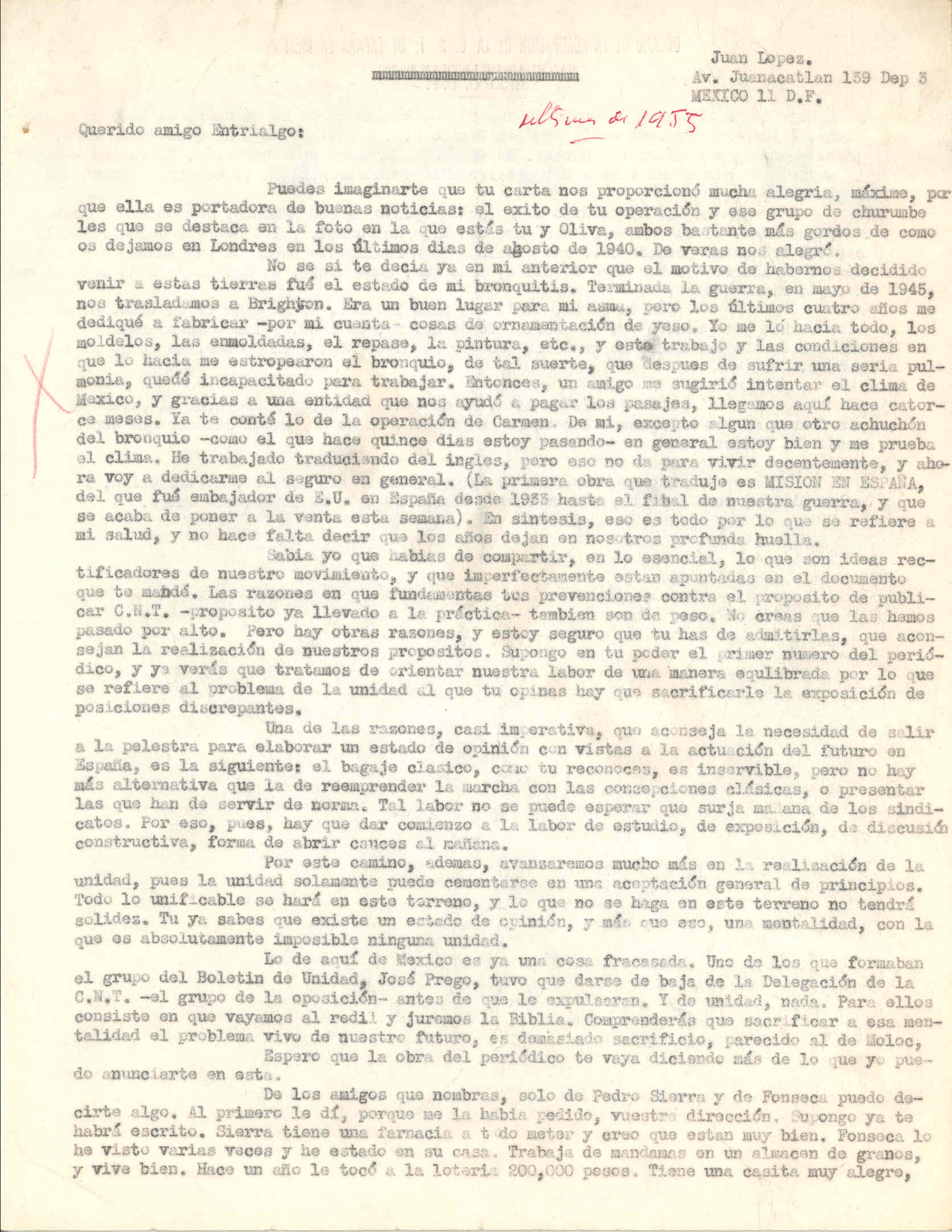 Carta a Avelino González Entrialgo en la que rememora sus últimos años en Inglaterra, su reciente llegada a México, la publicación de 