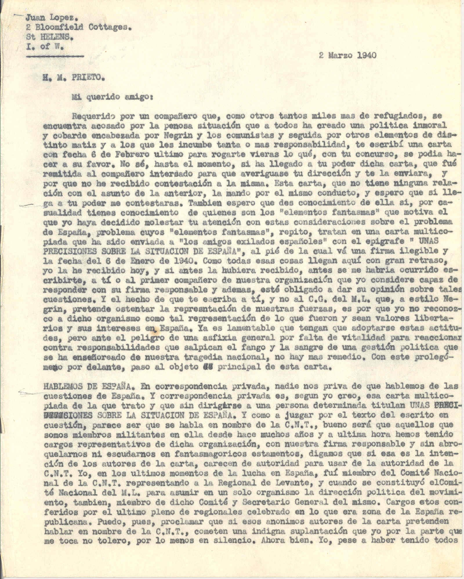 Carta a Horacio Martínez Prieto en la que critica una carta abierta titulada 
