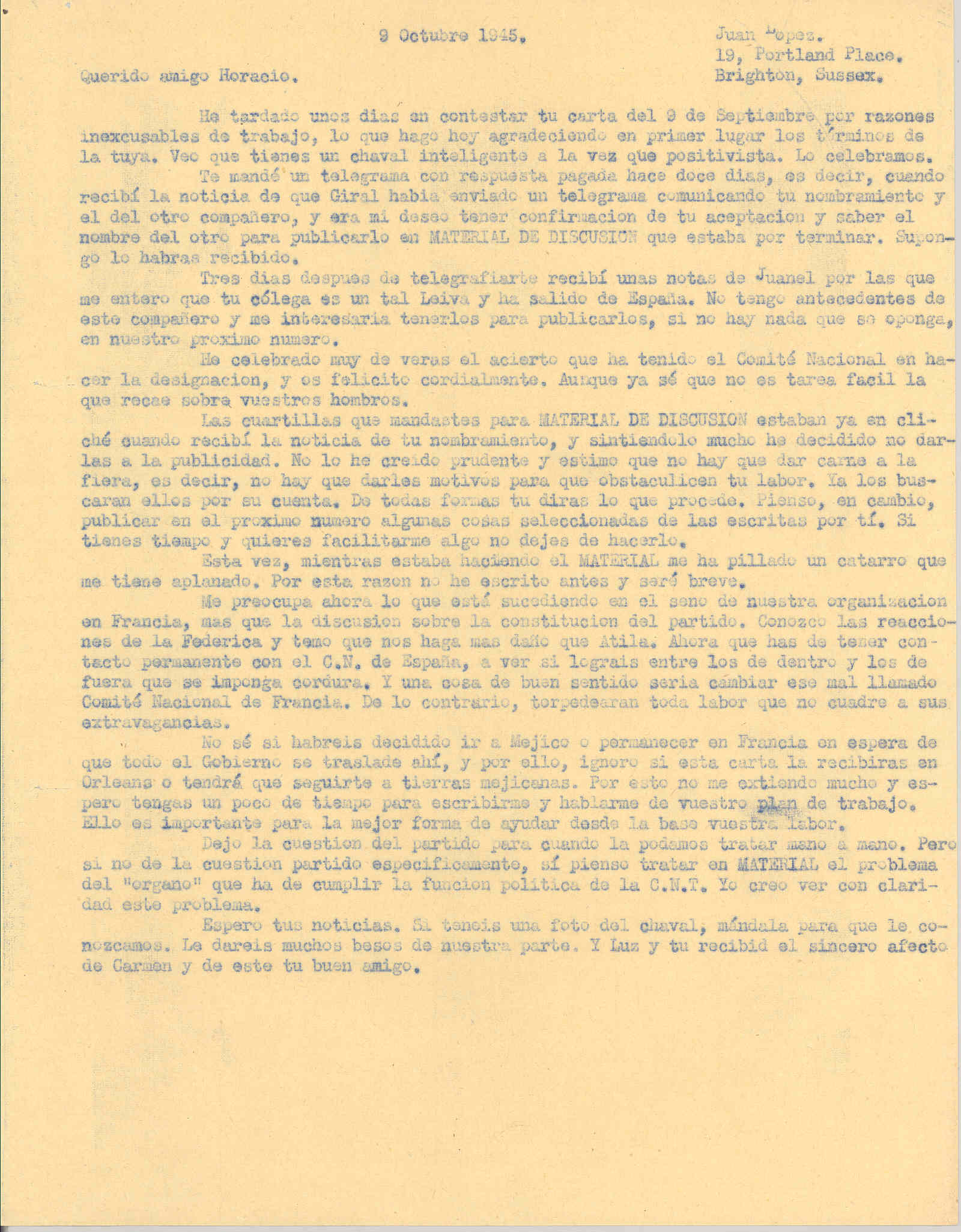 Carta a Horacio Martínez Prieto en la que le felicita por su nombramiento como ministro en el gobierno Giral y le pide artículos para publicarlos.