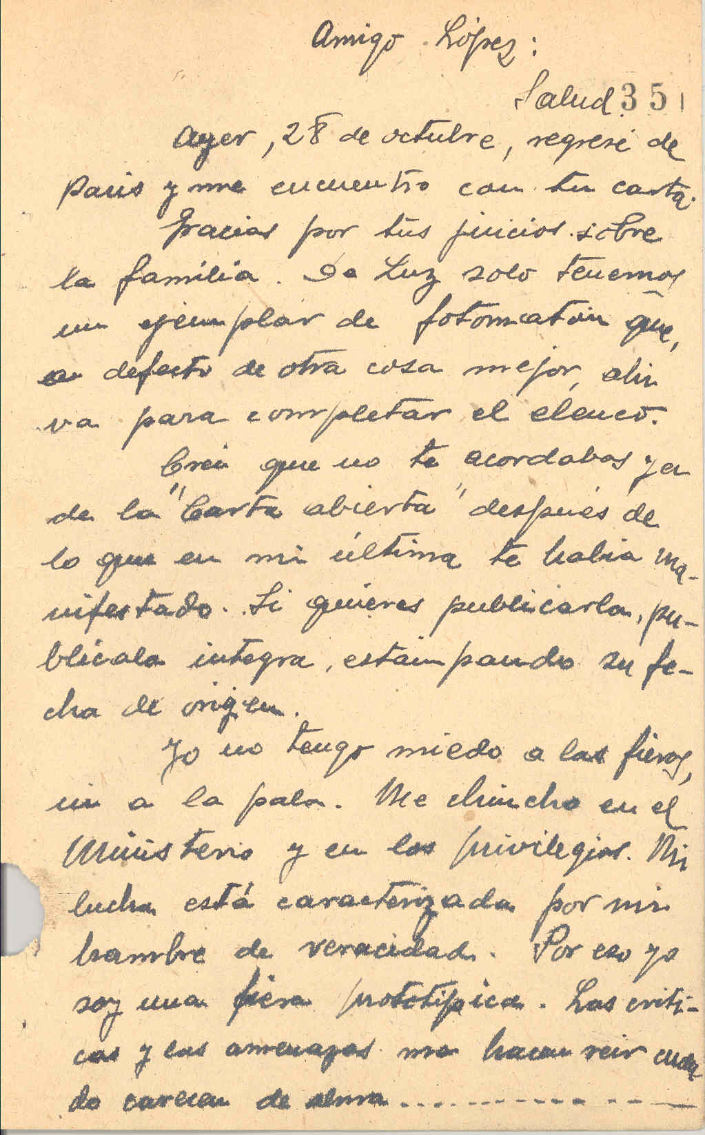 Carta de Horacio Martínez Prieto en la que da permiso para que su carta abierta sea publicada íntegra y que se va a producir una escisión en la CNT