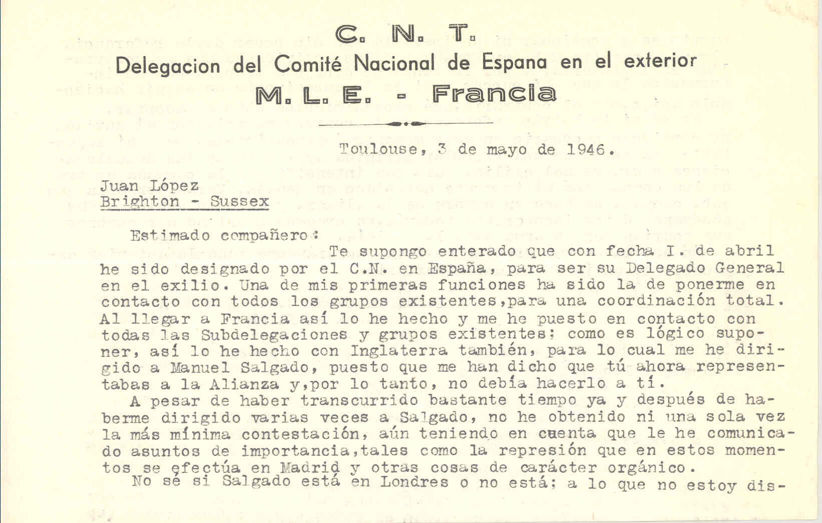 Carta de José Penido en la que le anuncia que ha sido designado para ser Delegado General en el exilio del Comité Nacional de CNT de España