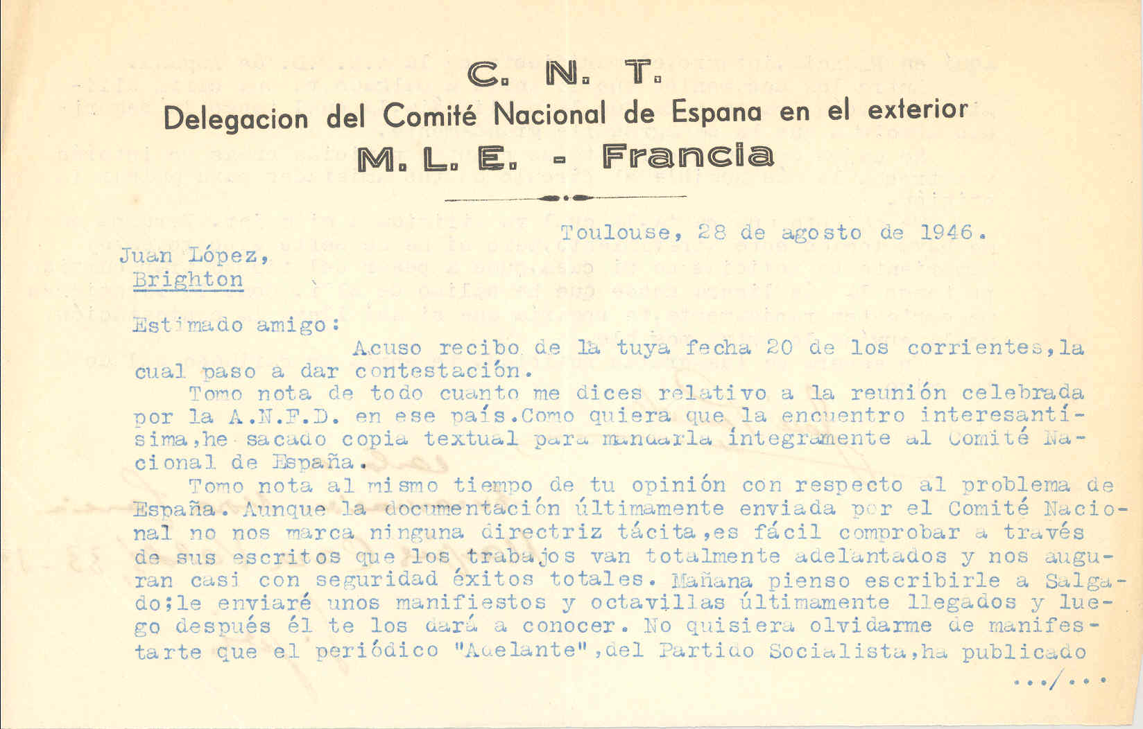 Carta de José Penido en la que comenta el interés de una reunión celebrada por la Alianza Nacional de Fuerzas Democráticas