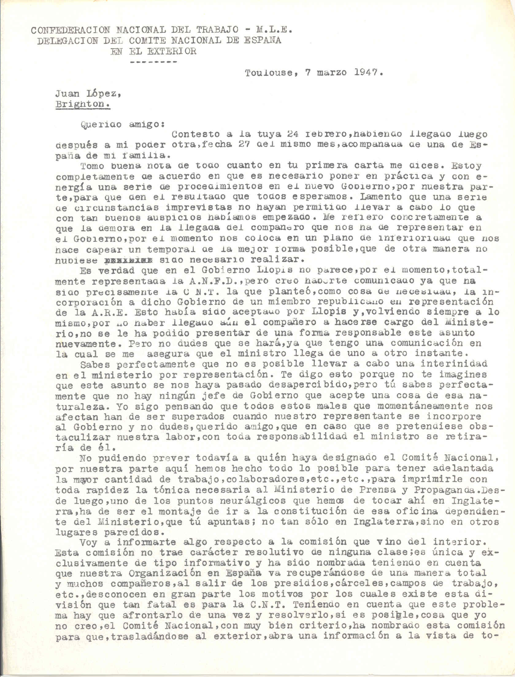 Carta de José Penido en la que expone la incorporación de Llopis al gobierno en representación de la Alianza Republicana Española