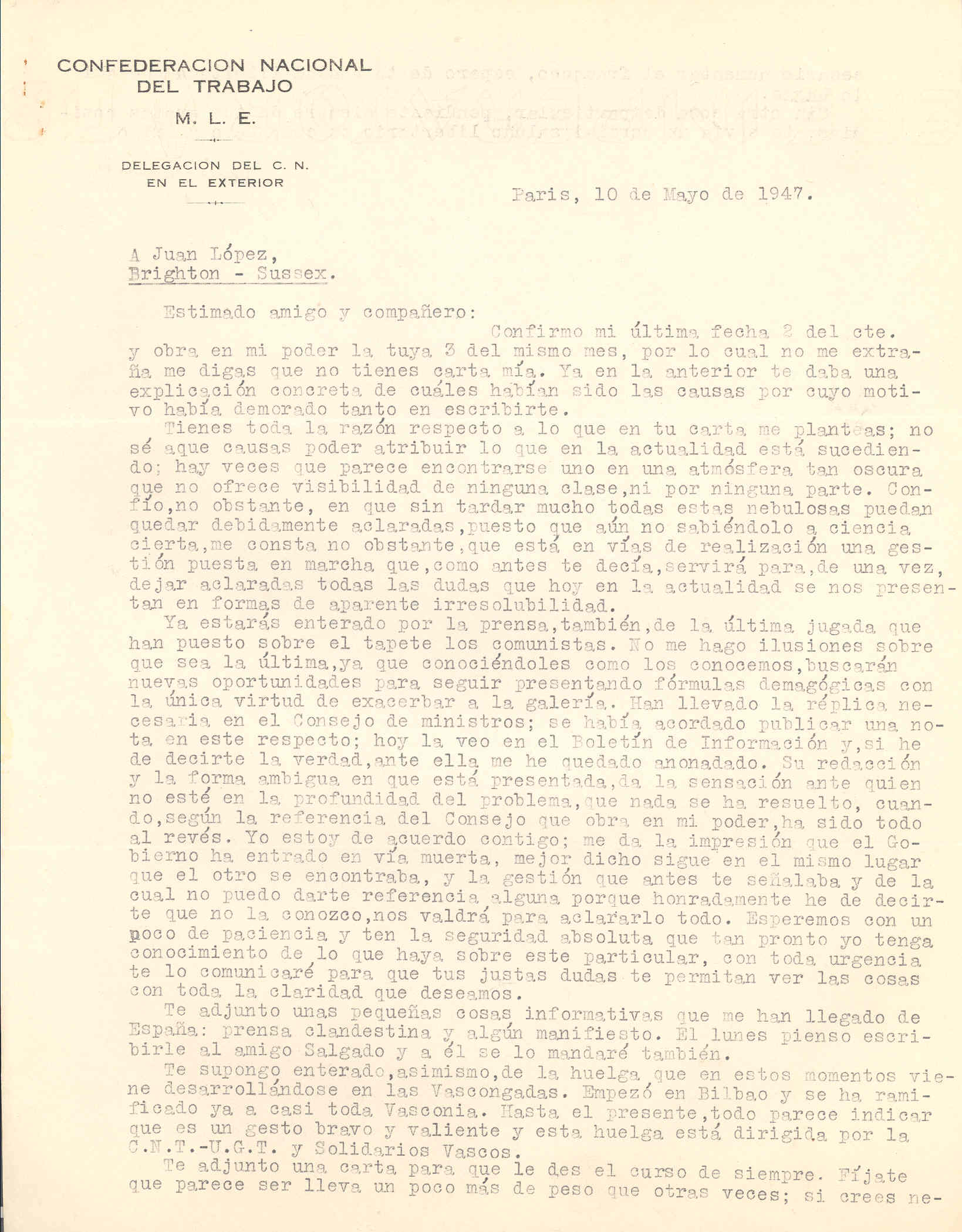 Carta de José Penido en la que expone la debilidad del gobierno en el exilio frente a los comunistas