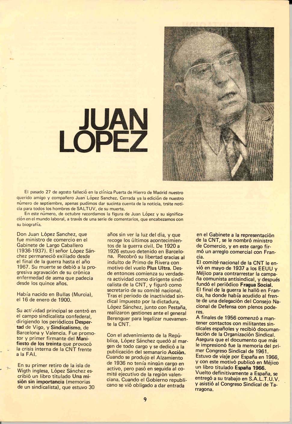 Número de la revista SALTUV información con artículos dedicados a la memoria de Juan López.