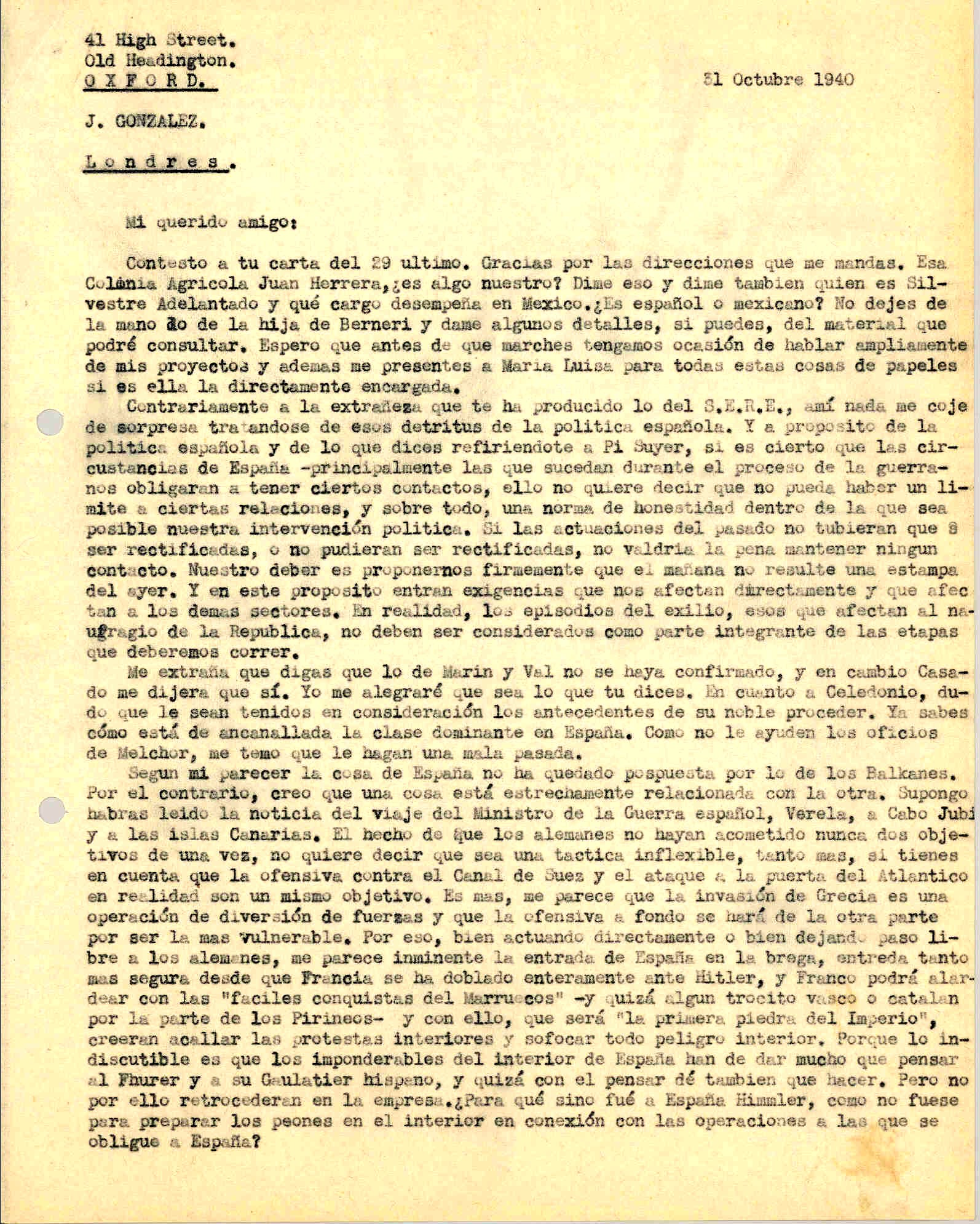 Carta a José González Barberá en la que plantea no posponer el tema del problema español ante los acontecimientos de la Segunda Guerra Mundial