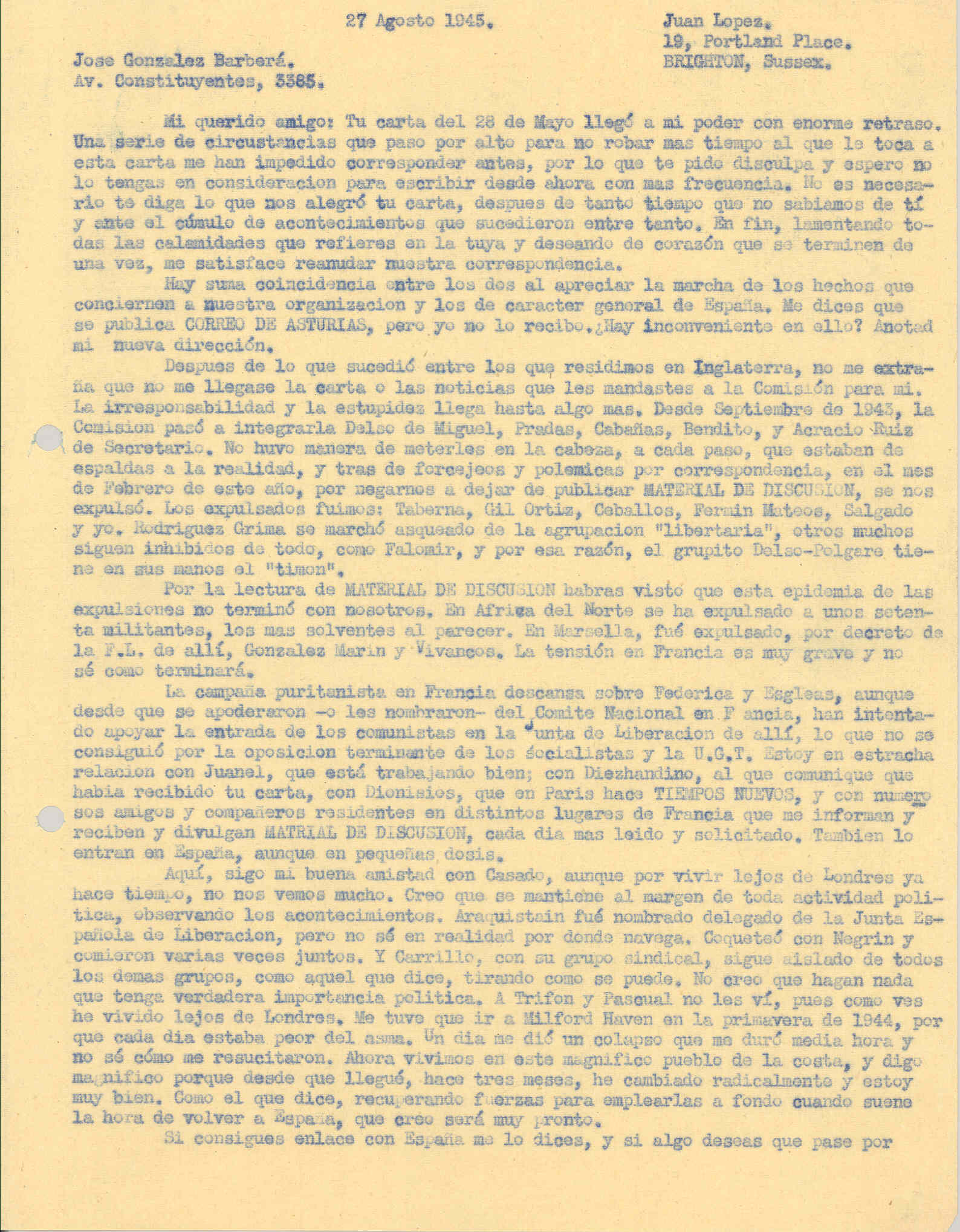 Carta a Barberá informando como él y otros compañeros que enumera fueron expulsados en febrero de 1943 del Movimiento Libertario en Inglaterra por publicar 