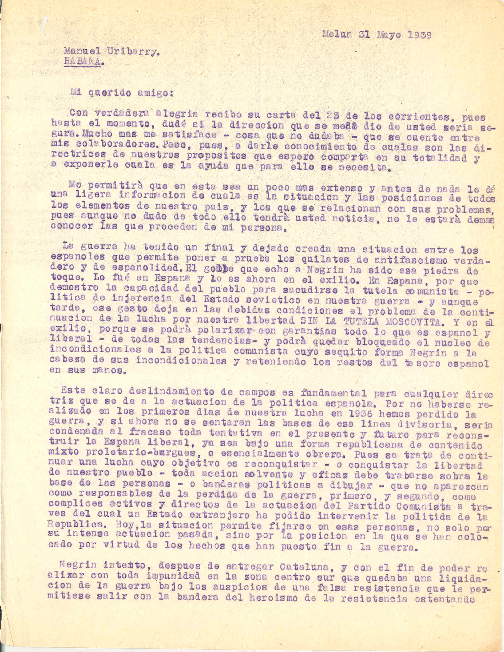 Carta de Juan López a Manuel Uribarri en la que le informa por extenso sobre el final de la guerra civil y la situación del exilio.