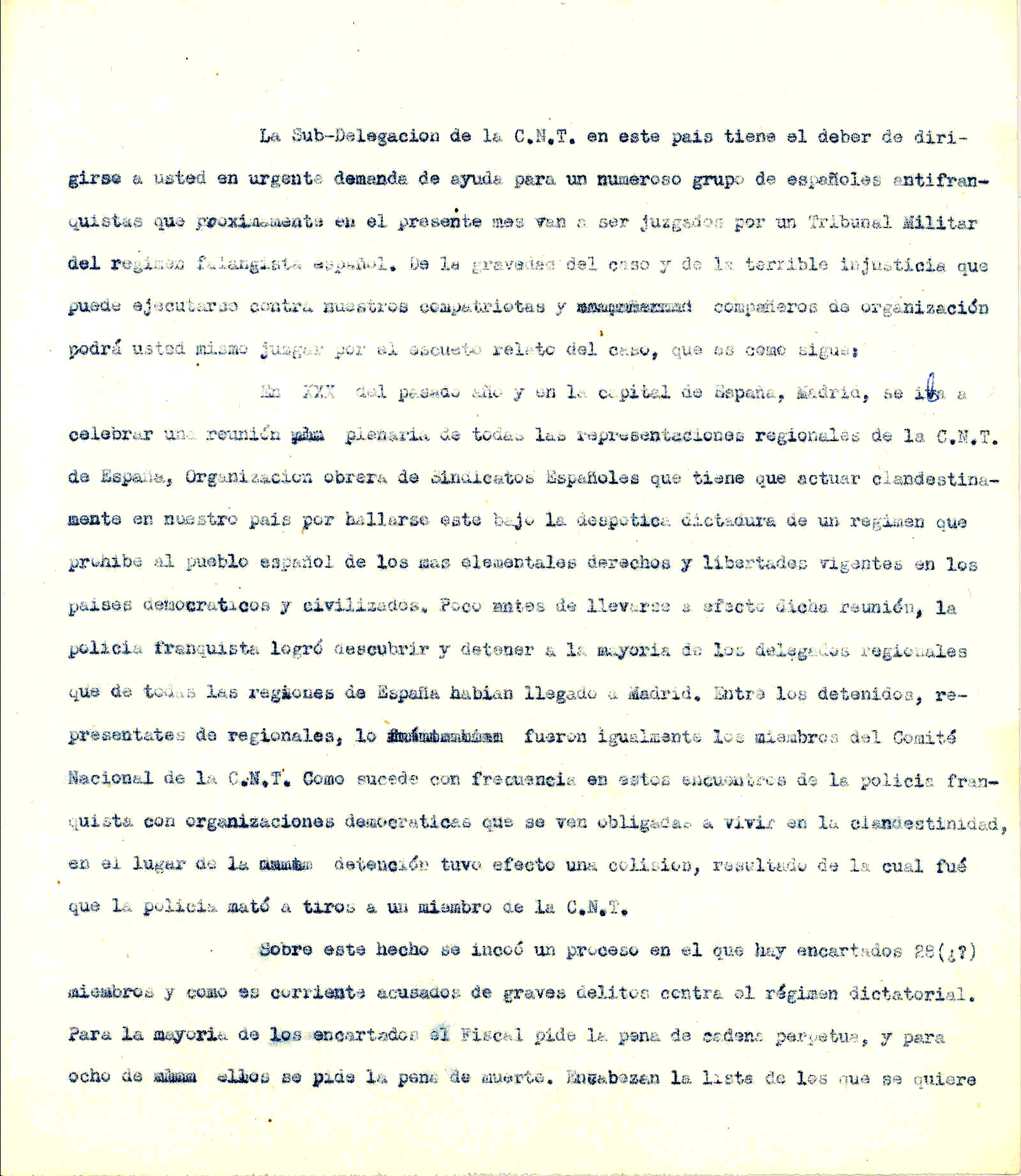 Carta de  Juan López Sánchez, pidiendo ayuda para evitar que un grupo de españoles sean juzgados y condenados por un Tribunal del Régimen Falangista Español.
