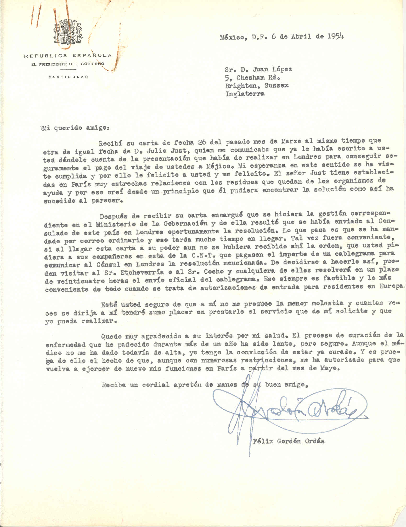 Carta de Félix Gordón Ordás comunicándole que hay posibilidad de conseguir  ayuda económica para pagar su viaje a México.