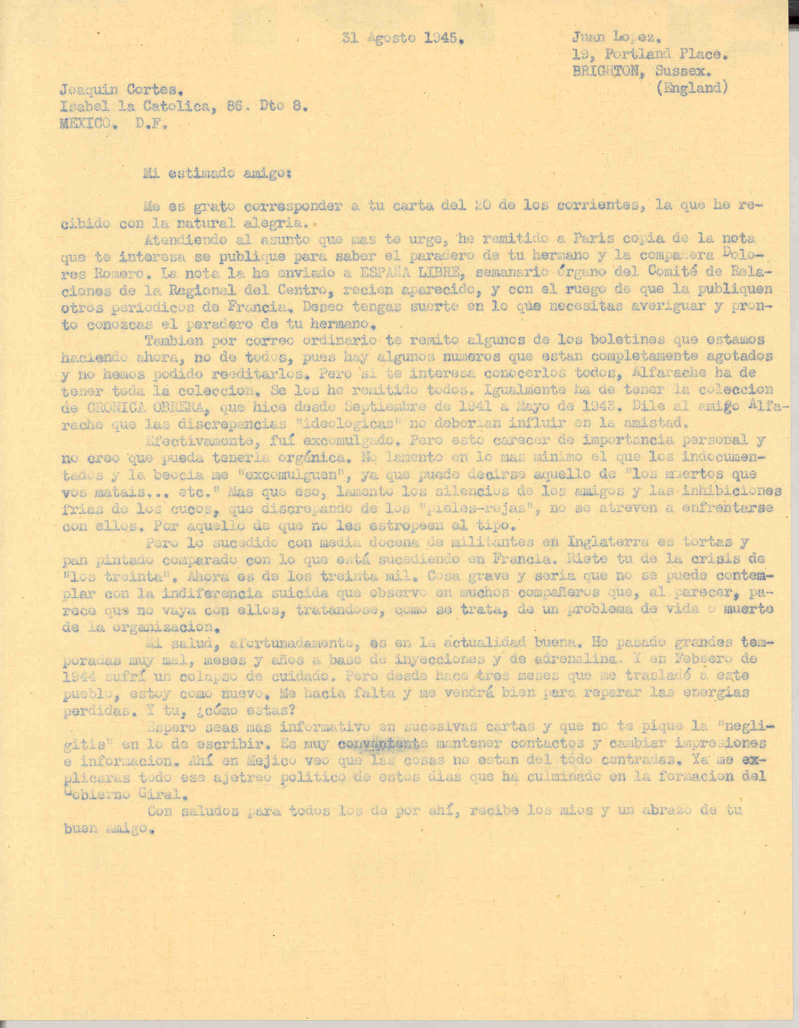 Carta a Joaquín Cortés contando que fue excomulgado de Londres y que difundió la nota para buscar a su hermano y una compañera.