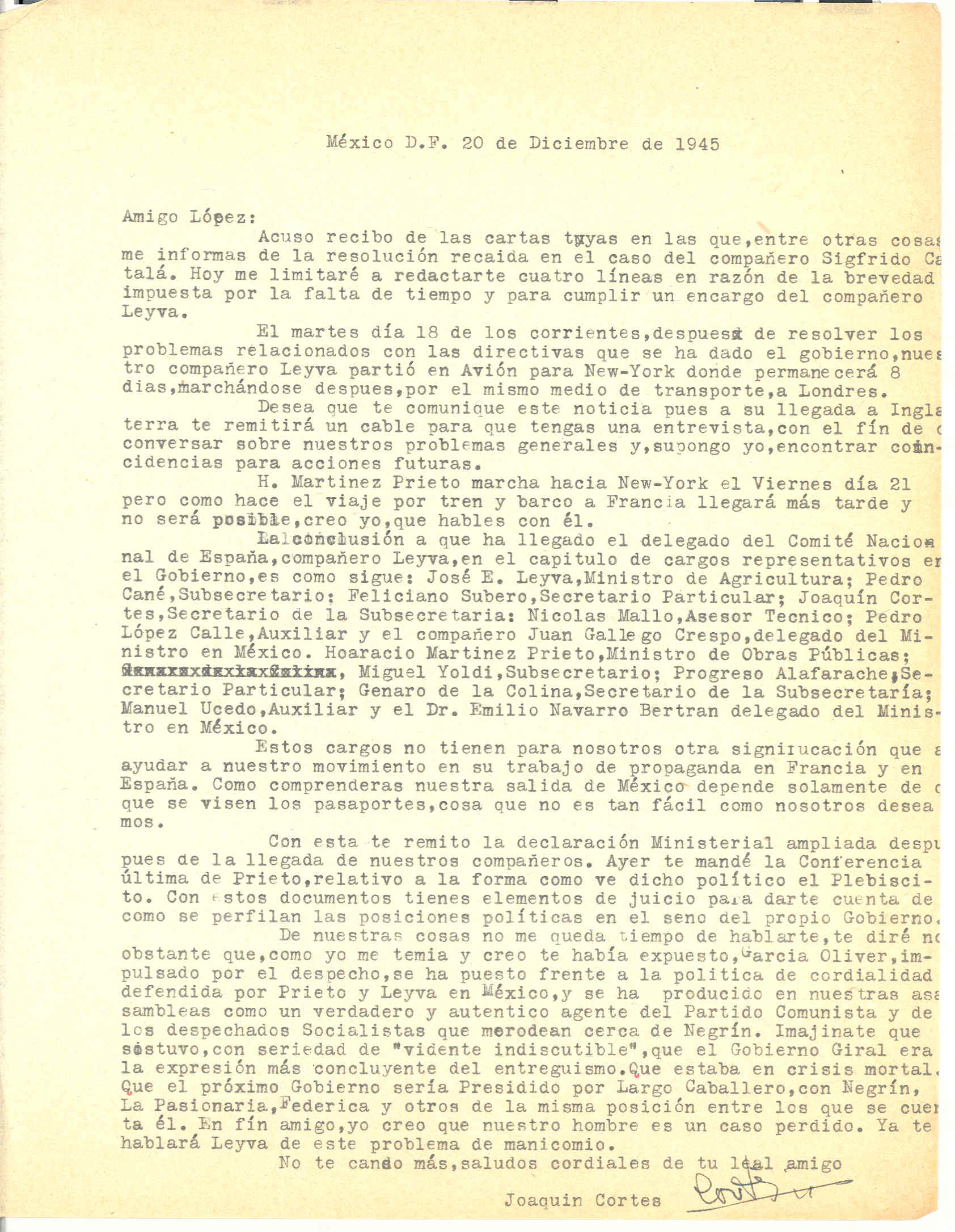 Carta de Joaquín Cortés anunciando los cargos representativos de la CNT nombrados por Leiva y cuenta la oposición de García Oliver ante la política de Leiva y Prieto.
