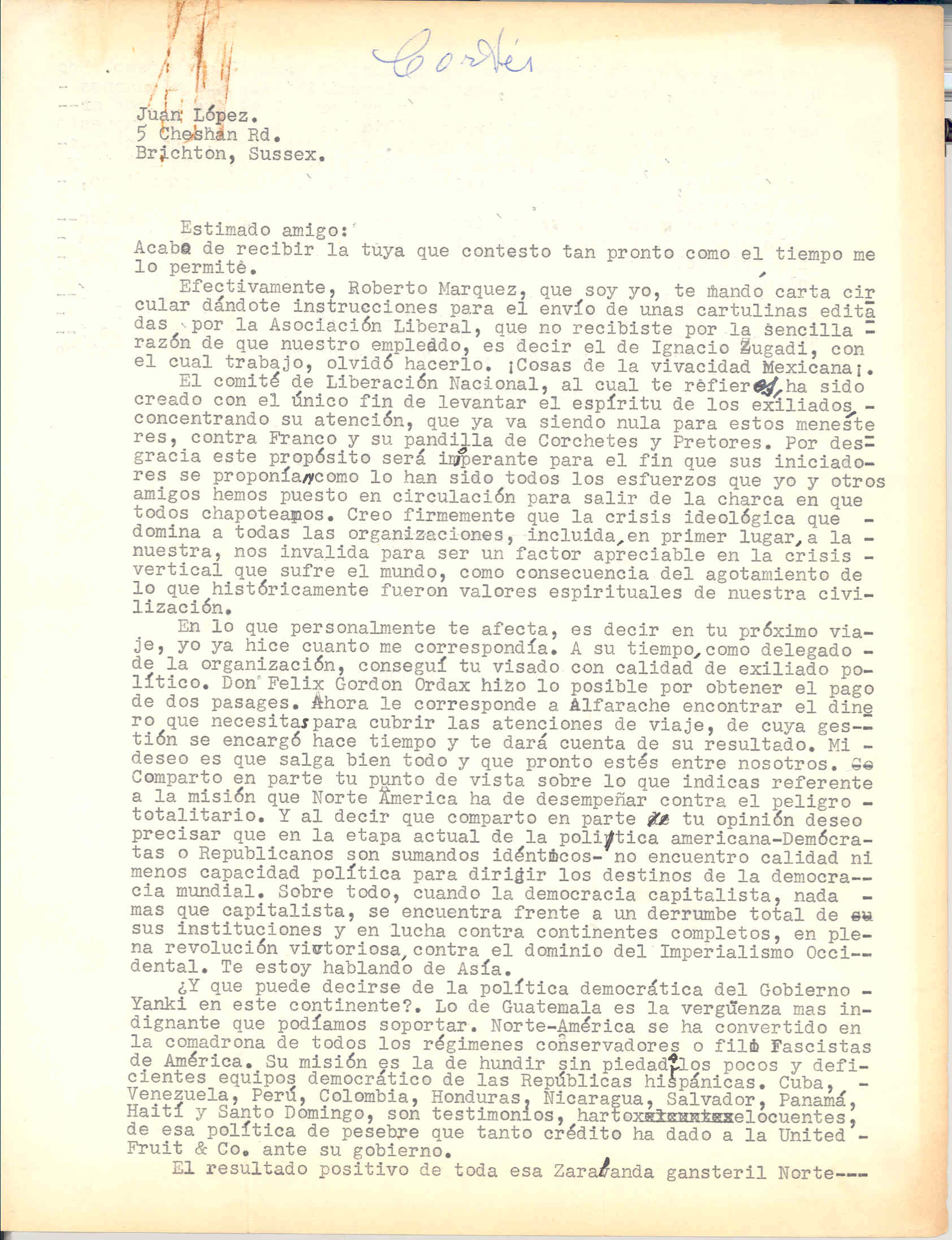 Carta de Joaquín Cortés hablando de la creación del comité de Liberación Nacional en contra de Franco y de la política de América.