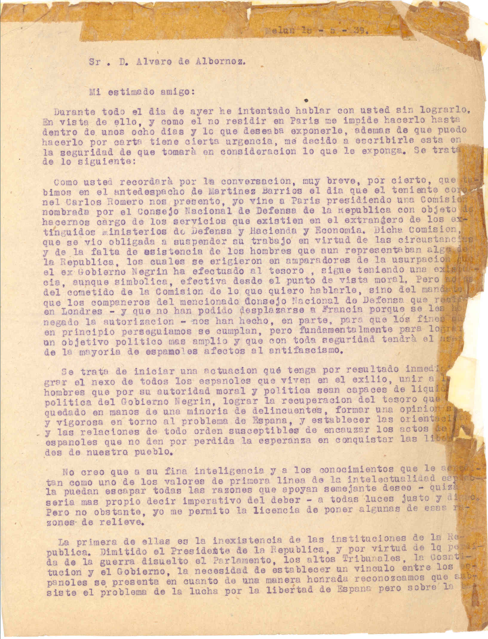 Carta a D. Álvaro de Albornoz proponiéndole una actuación para nexar a todos los españoles exiliados y terminar con el Gobierno Negrín.