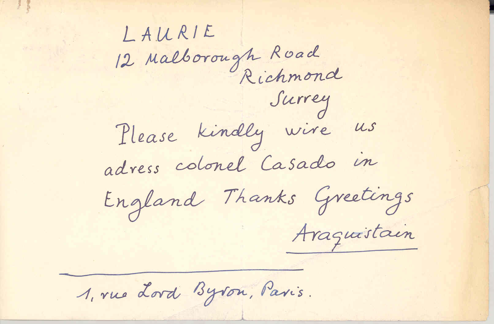 Nota en inglés firmada por Luis Araquistáin solicitando a una tal señora Laurie, de Richmond, le envíe por cable la dirección del coronel Casado en Inglaterra