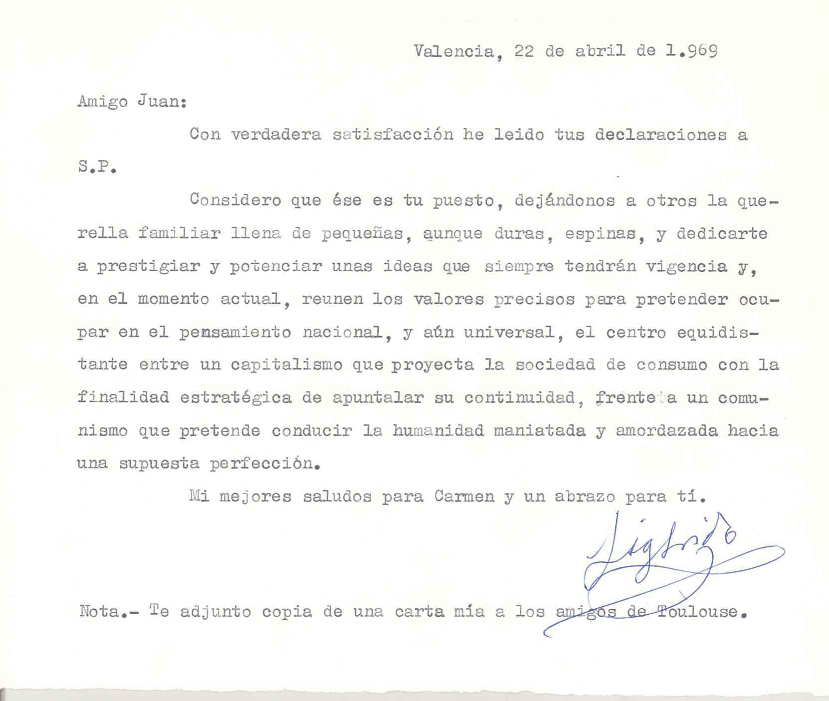 Carta de Sigfrido Catalá haciendo un pequeño comentario de unas declaraciones que hizo al diario SP.