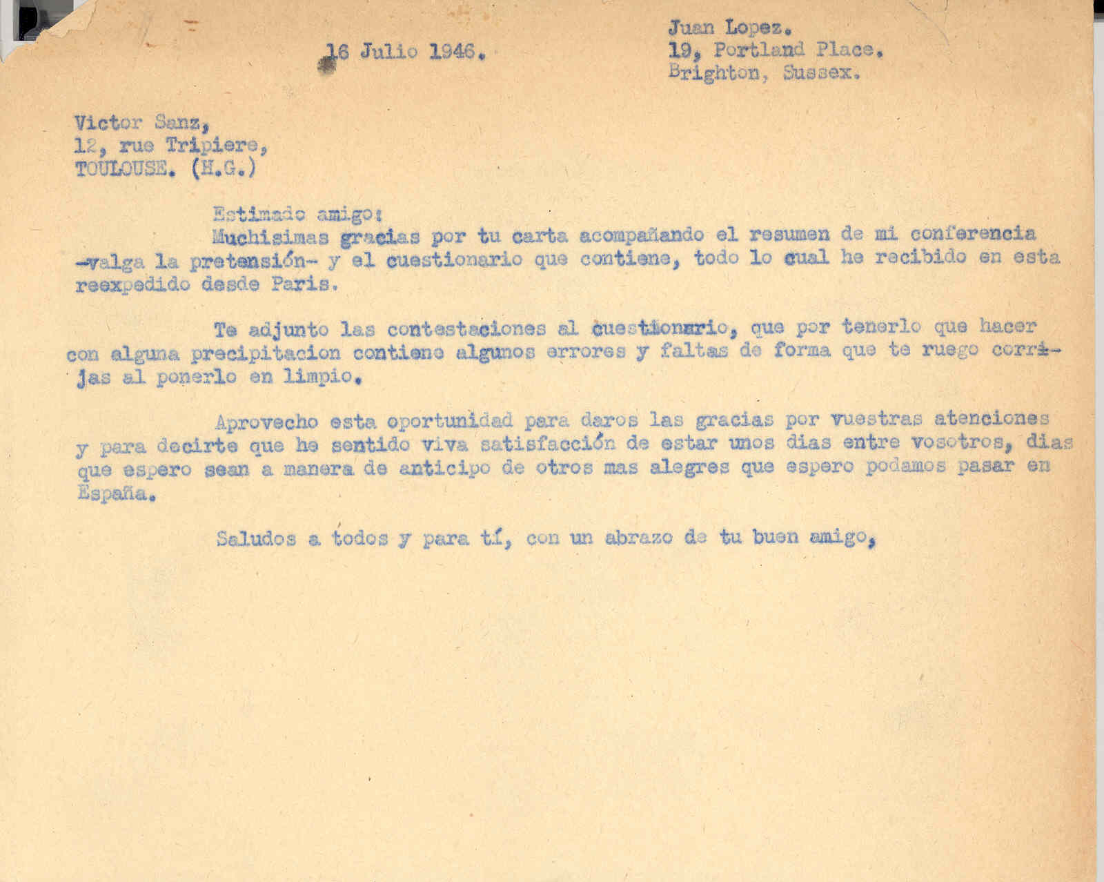 Carta a Víctor Sanz agradeciéndole su carta y enviándole la contestación a un cuestionario sobre la situación de los refugiados españoles en Gran Bretaña.