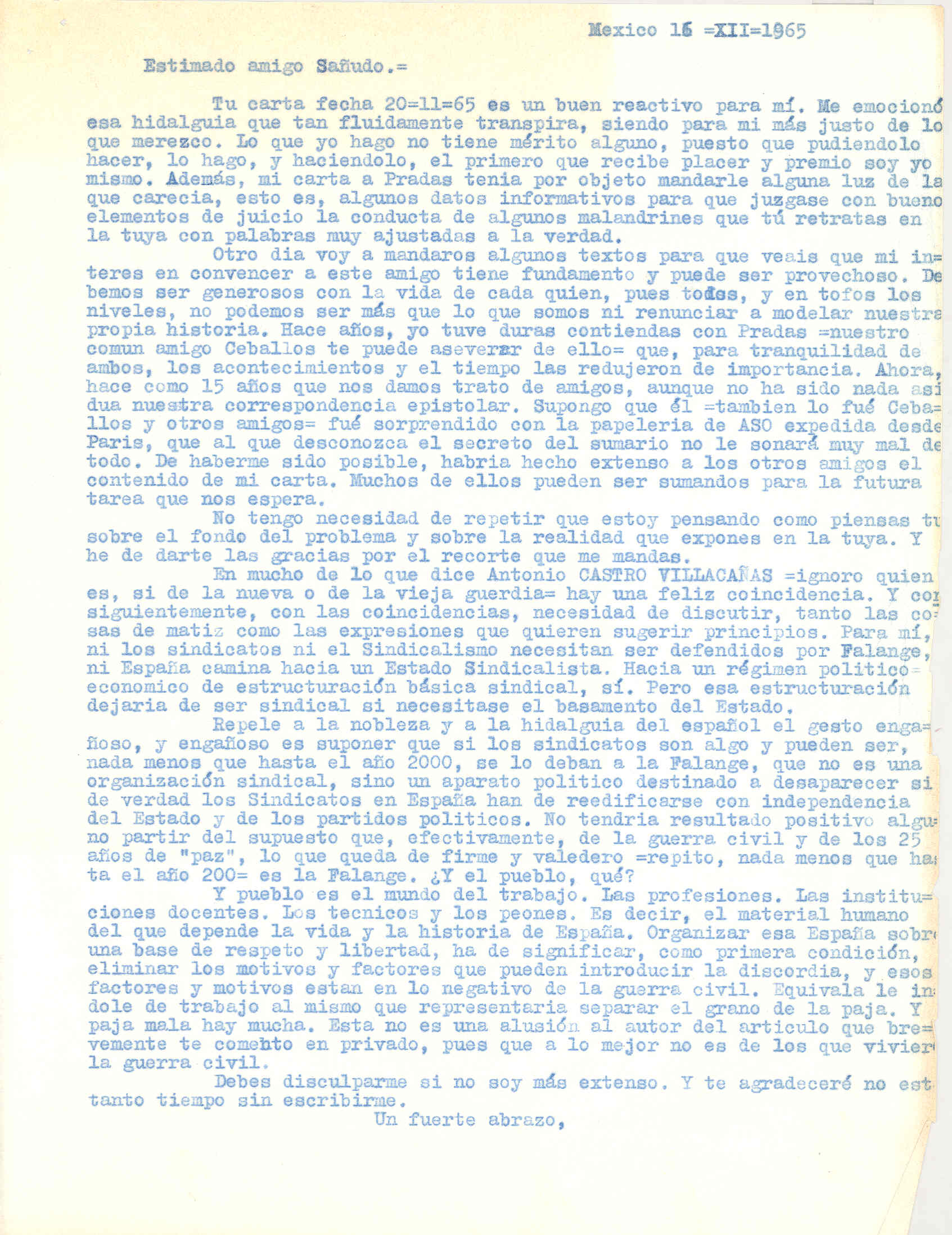 Carta a Fulgencio Sañudo en la que habla de su relación con Pradas y critica el texto de los falangistas que le adjuntó en la carta anterior.