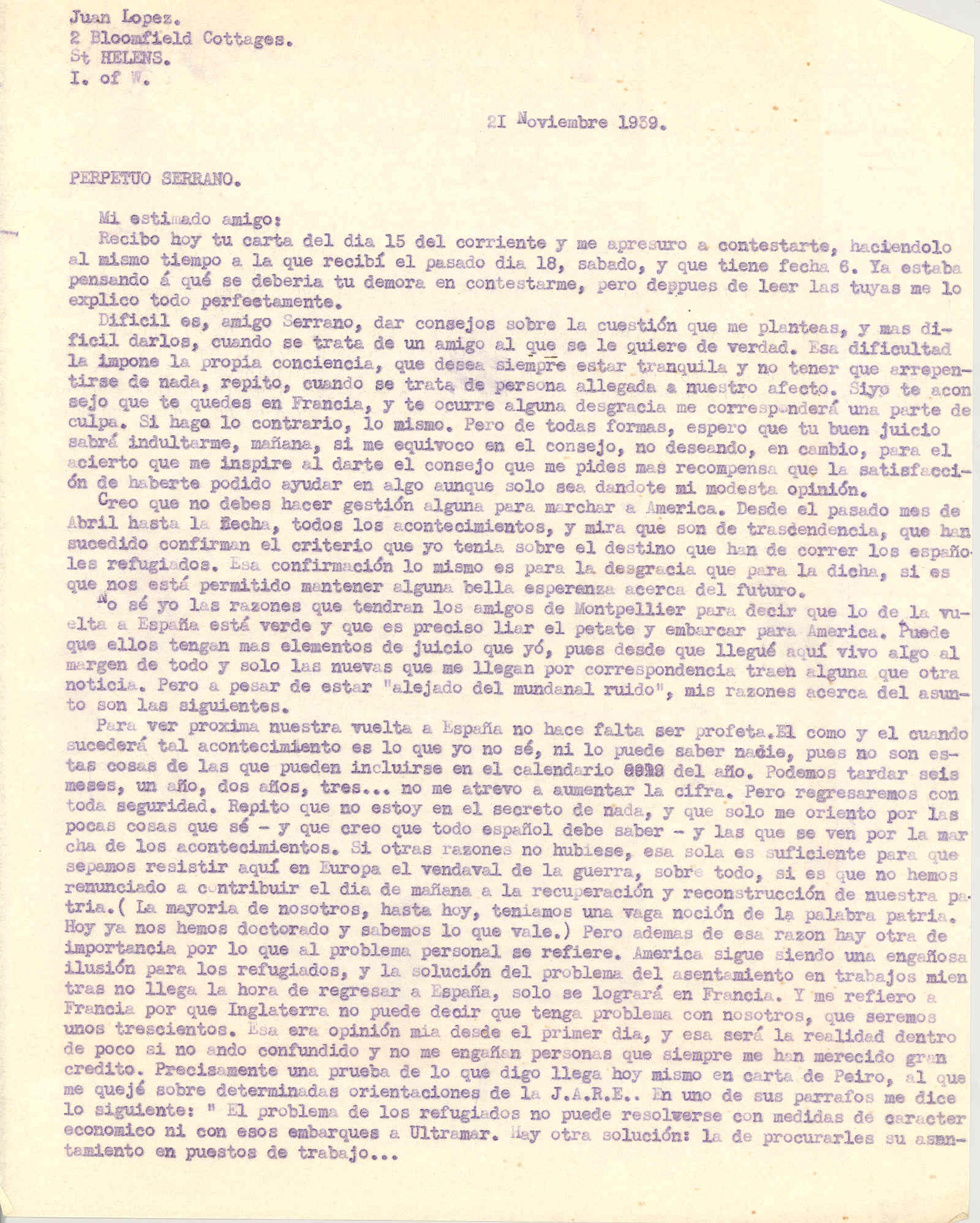 Carta a Perpetuo Serrano respondiendo con la opinión de no emigrar a América y las esperanzas de volver a España.