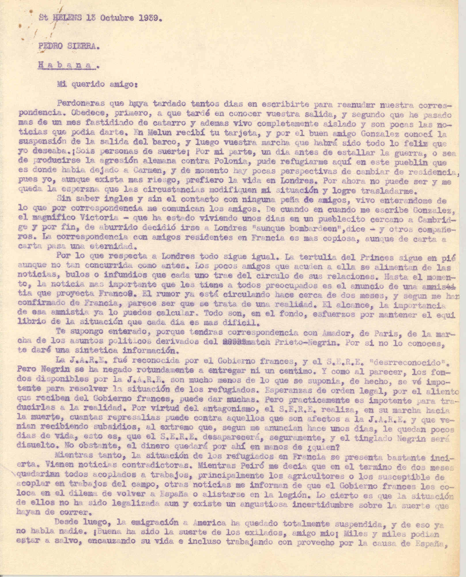 Carta a Pedro Sierra anunciando la amnistía que proyecta Franco, el reconocimiento de la JARE por el gobierno francés y de las actuaciones de la gente del SERE.