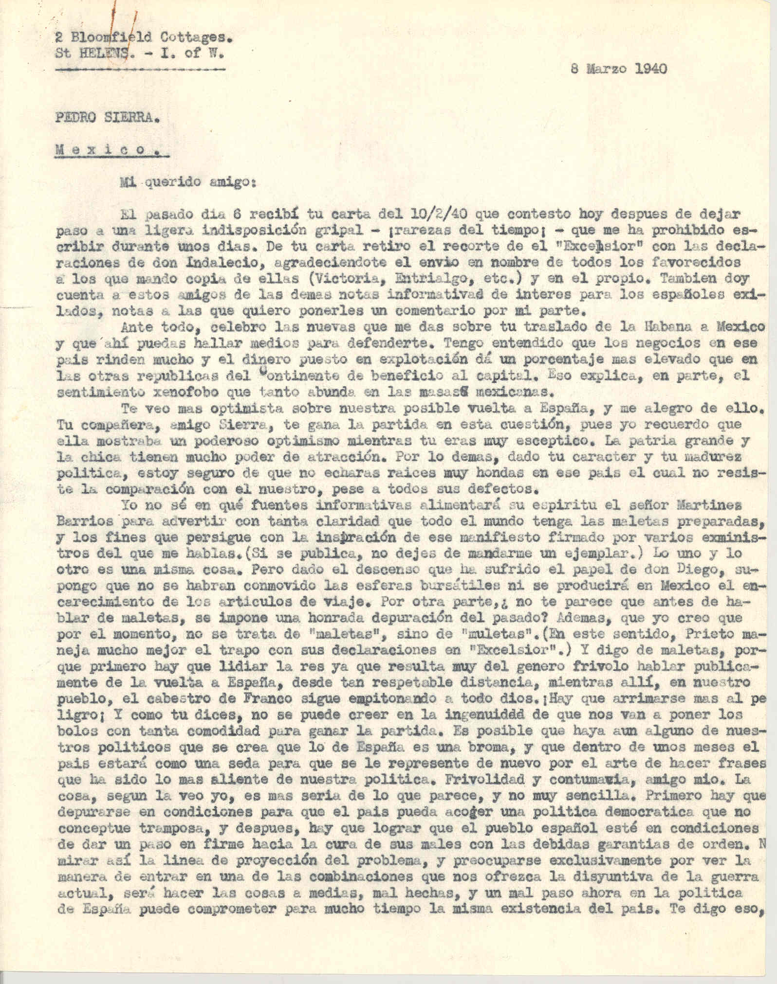 Carta a Pedro Sierra hablando de la situación política de España contraria a sus aliados y sobre la emigración a México.