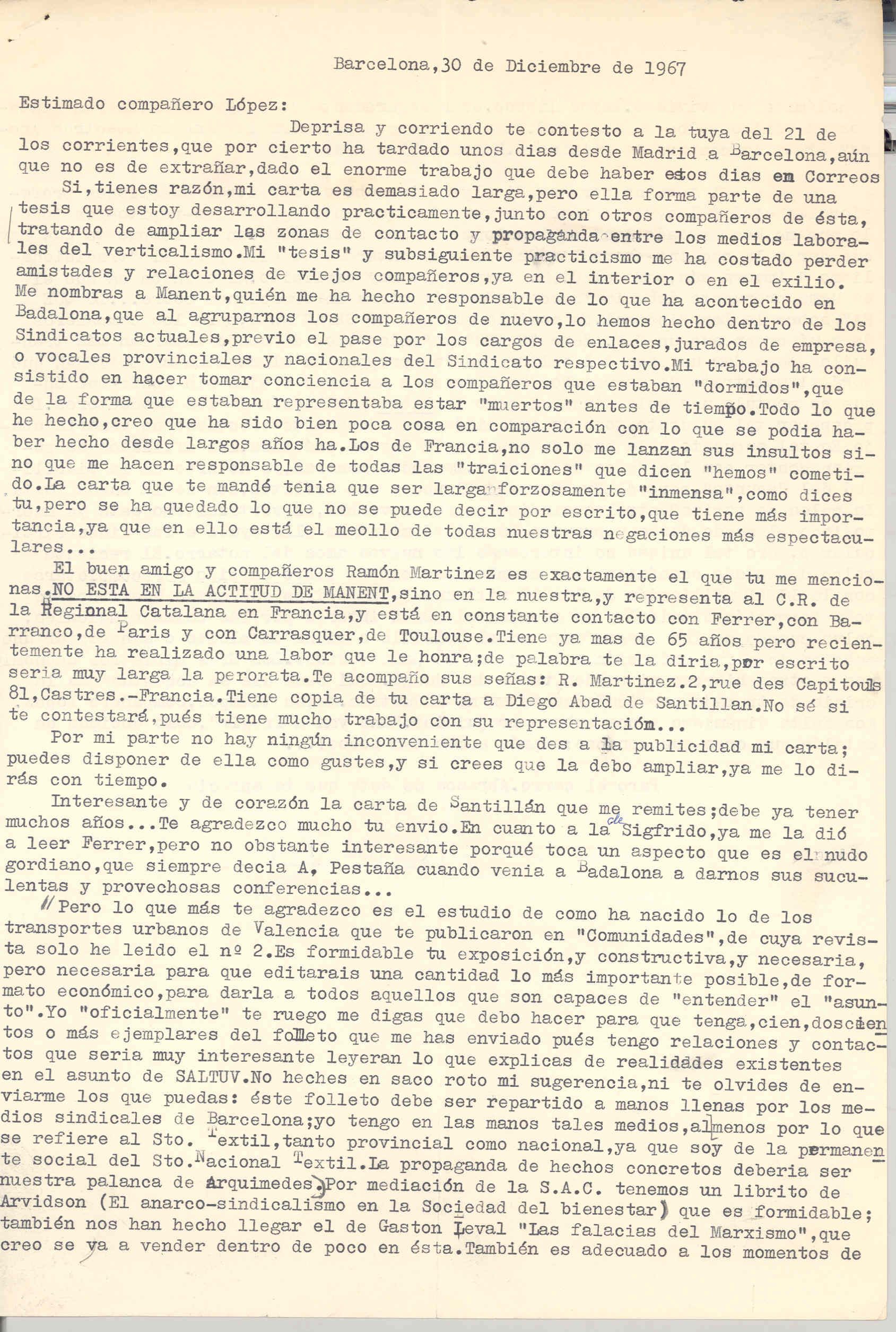Carta a José Costa Font hablandole del estudio que ha realizado Juan López sobre SALTUV y sobre la ley sindical.